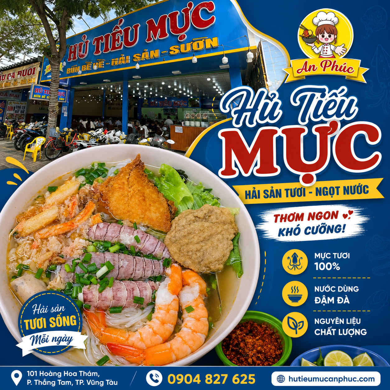 Hủ tiếu mực Vũng Tàu với mực tươi, tôm và nước dùng thanh ngọt tại An Phúc